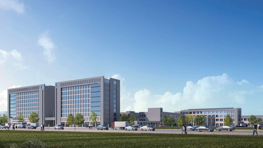 Perspective view of R&D building and R&D workshop along the street